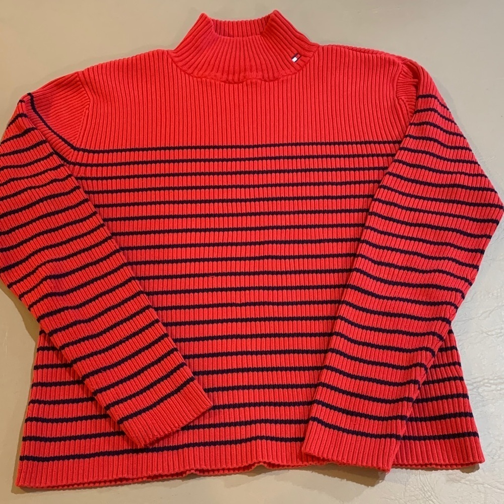 Tommy Hilfiger Red and Blue Striped Turtleneck Sweater​​​​